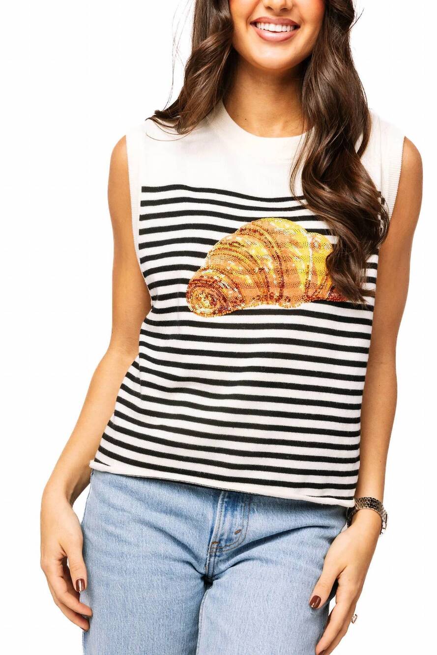 NEW QUEEN OF SPARKLES striped croissant knit vest in beige & black